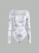Square Neck Floral Print Asymmetric Hem Long Sleeve Bodysuit In Blue